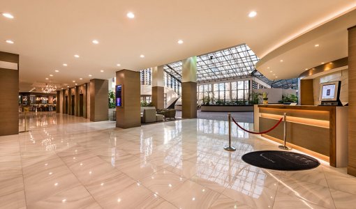 Lobby of hotel with skylights