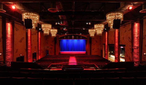 The Space at Westbury Empty stage with blue curtain